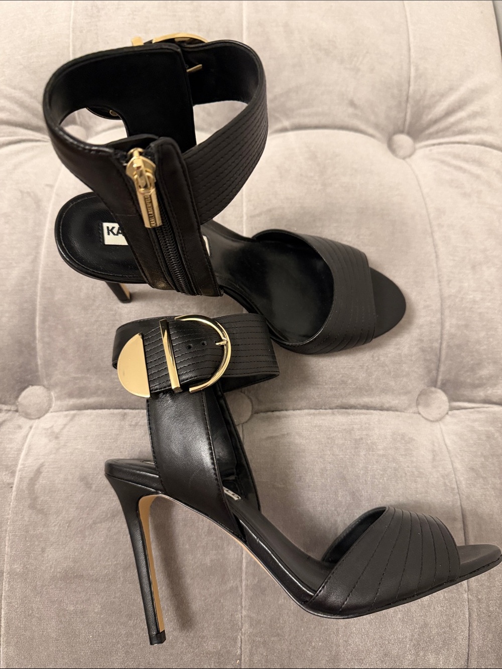 Karl Lagerfeld Black Open-Toe Ankle Strap Heels with Gold Buckle